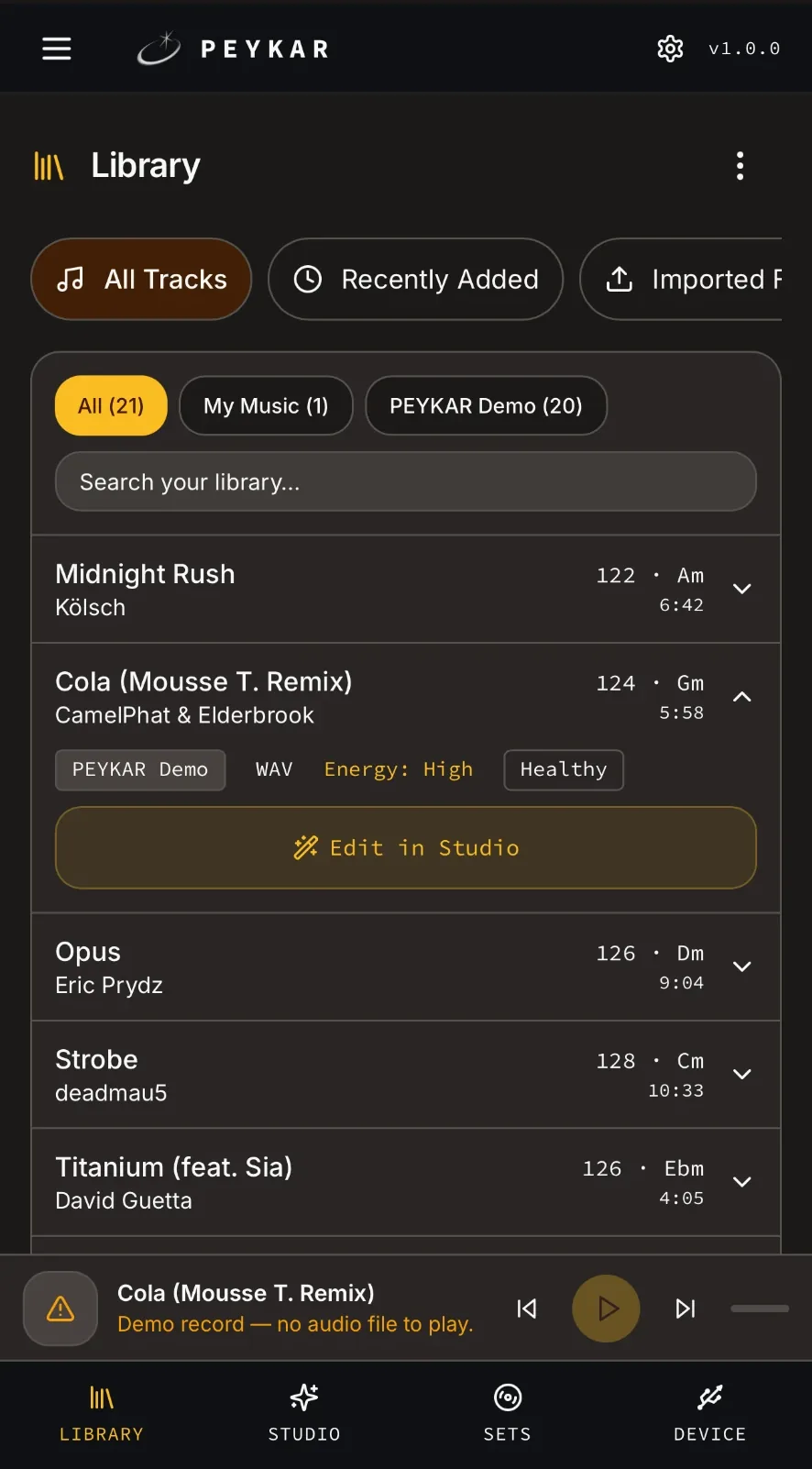 Studio PEYKAR Library screenshot: track list with filters, track health tags and an expanded track with editing options.